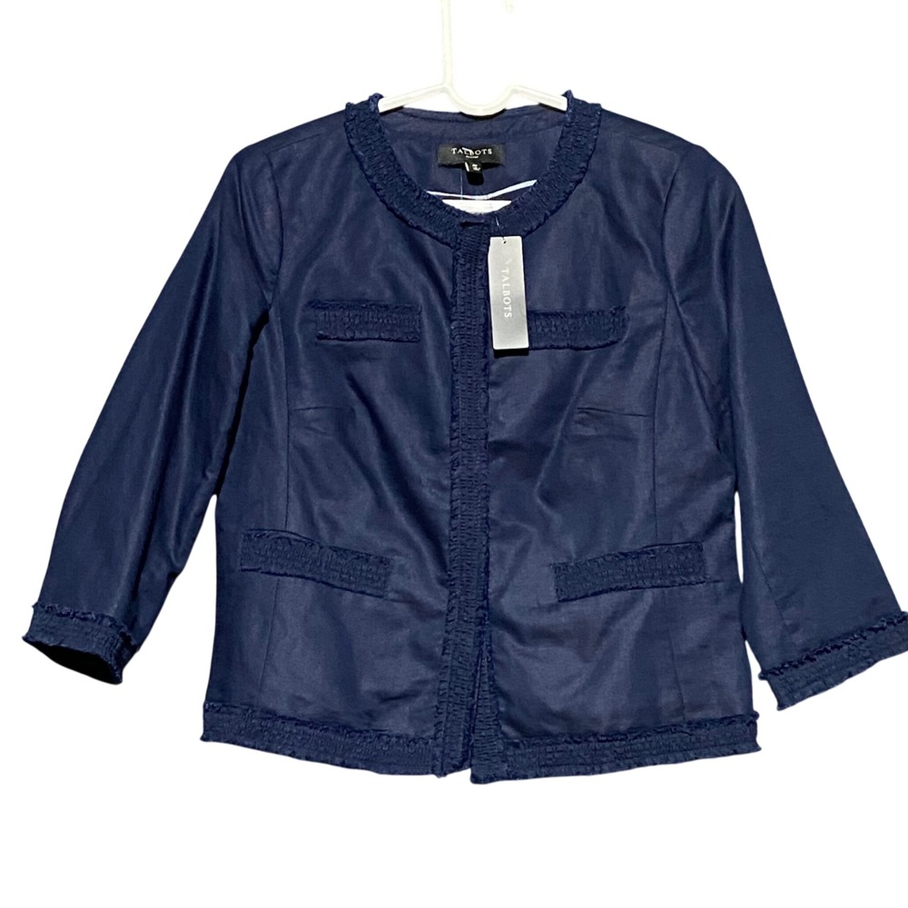 Talbots Petite 4P Navy Blue Linen Blend Blazer Frayed Trim Snap Front Pockets
